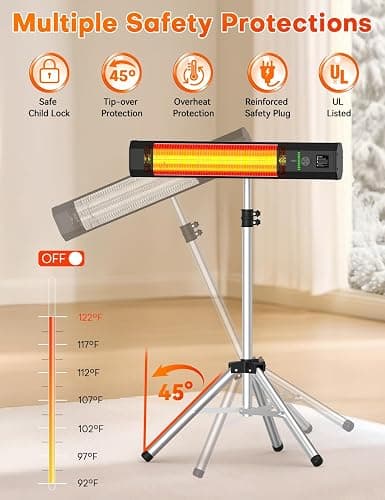 HETRAROOT 1500W Outdoor Heaters for Patio with 9 Heating Levels, IP65 Waterproof, 9H Timer, 25FT Remote Electric Patio Heaters for Outdoor Use, Tip-Over & Overheat Protection for Home, Office, Garage thumbnail 8