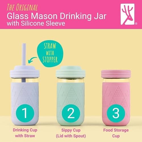 Elk and Friends Kids & Toddler Cups | The Original Glass Mason Jars 12 oz with Silicone Sleeves Straws Smoothie Spill Proof thumbnail 3