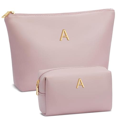 CLOUDWINGS Women Gifts | Initial Makeup Bag Set for Girl Personalized Gifts for Bridesmaid Friend Graduation Teachers PU Leather Cosmetic Travel Toiletry Bag(Pink,A) - Image 1