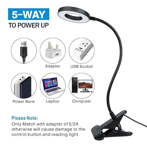 KNAMKY USB LED Desk Lamp Clip On Light, 3 Light Mode 10 Dimmable Brightness Eye Caring Book Adjustable for Reading Studying Working Video Conference Lighting (Black) - Black thumbnail 6