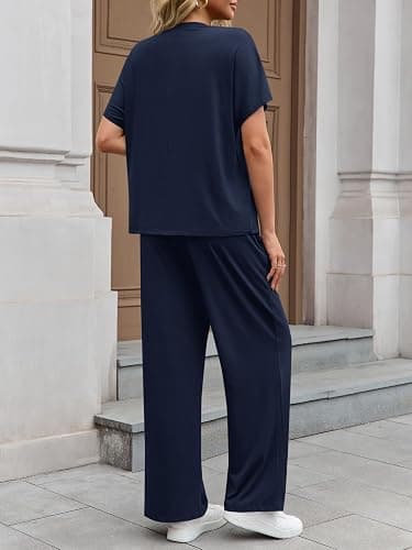 Tankaneo Womens 2 Piece Lounge Sets Short Sleeve Tops Wide Leg Pants Set Casual Matching Vacation Travel Outfits thumbnail 3