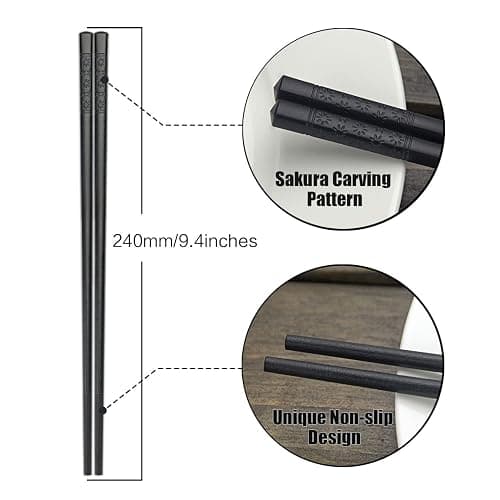 YFWOOD 5 Pairs Chopsticks, Safe Non-Slip Reusable Chopsticks Dishwasher, 9.4 Inch- Black thumbnail 3