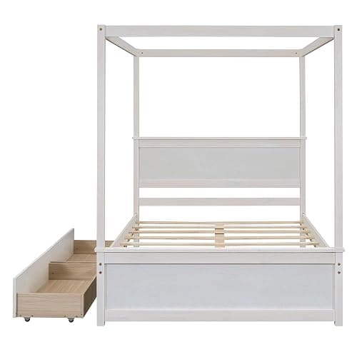 CITYLIGHT Canopy Bed Full Size with Drawers for Storage, Solid Wood Platform Bed with Headboard and 4 Poster, Brushed White thumbnail 5