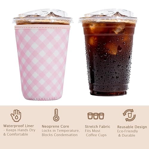 Reusable Insulated Sleeve for Iced Coffee Cup, 3-Pack Coffee Neoprene Drink Sleeve for Cold & Hot Drinks, Beverage Holder for Iced Coffee (Pastel Gingham Set) thumbnail 6