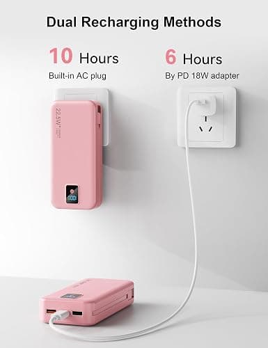Rngsnoy Portable Charger 20000mAh 22.5W w/Built-in Cable & Wall Plug Pink | High capacity, Fast charging, Built-in cables & wall plug, LED display, Charge 5 devices at once, Pass through, TSA approved thumbnail 8