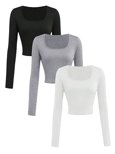 SOLY HUX Girl's 3 Piece Long Sleeve T Shirts Square Neck Basic Slim Fitted Tees Crop Tops Black Grey White 14Y - Image 1