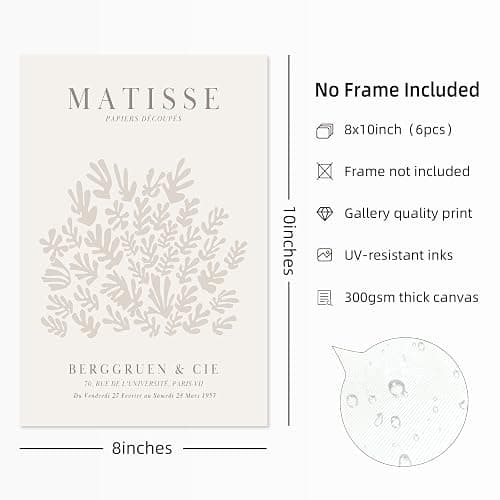 Youillne Henri Matisse Wall Art Prints Flower Abstract Canvas Pictures Aesthetic Beige Wall Art Decor Matisse Picasso Poster Gallery Vintage Painting Artwork for Bedroom 8x10 Inch Unframed Set of 6 - 10L" x 8W" - People Matisse Art Prints thumbnail 3