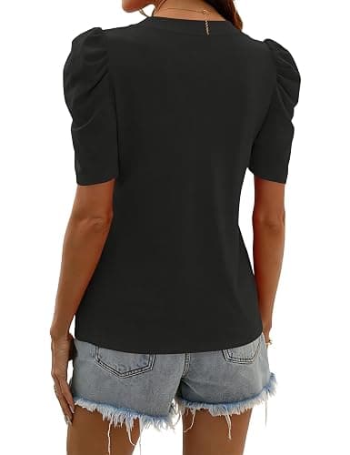 IECCP Women V Neck T Shirts Puff Short Sleeve Tops Fashion Dressy Casual Tunic Loose Fit Blouses thumbnail 6
