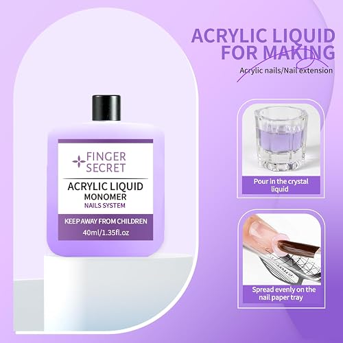 Finger Secret 40ml Acrylic Monomer Liquid, Nail Acrylic Liquid with 40ml Nail Brush Cleaning Solution Nail Brush Cleaner for Acrylic Powder Acrylic Nail kit thumbnail 3