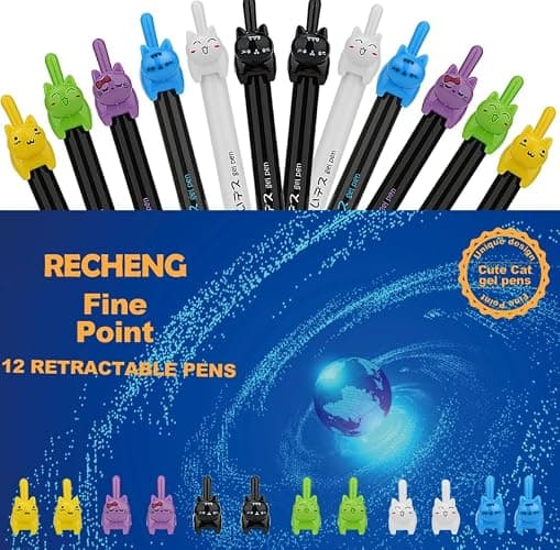 RECHENG retractable cat gel pens,Fine Point 0.5mm black ink,Cute kitty fun ball point pens for girls kids School Office Supplies,12pcs fun pens. thumbnail 4