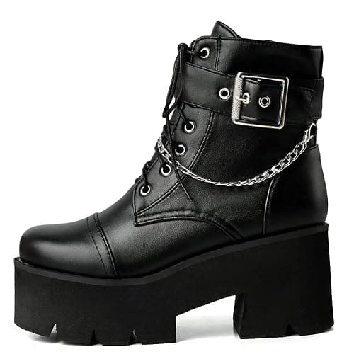 LUXMAX Women Buckle Goth Chunky Platform Ankle Boots Lace Up High Heel Motorcycle Boots with Chain thumbnail 4