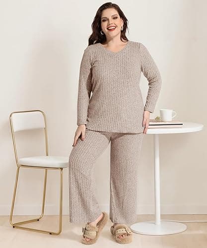 RITERA Womens Plus Size 2 Piece Outfits Lounge Sets Knit Sweatsuit Long Sleeve Pullover Tops Wide Leg Pant Pajama Sets XL-5XL - Khaki - 3X-Large Plus thumbnail 4
