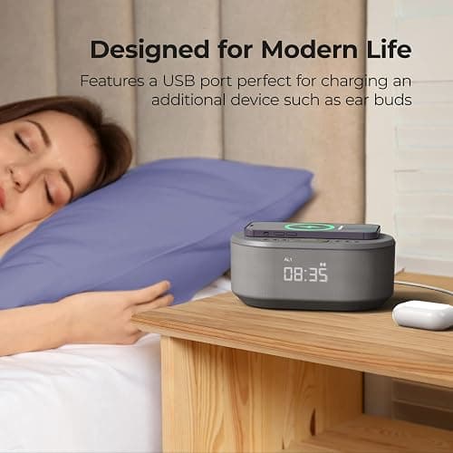 i box Dawn FM Radio, Bluetooth Wireless Speaker, Fast Charging, Clock Radio, LED Display, USB Charger, Dimmable Night Light, Alarm Clock Feature, Wireless Charger, Digital Clock, Dual Alarm (Grey) thumbnail 6