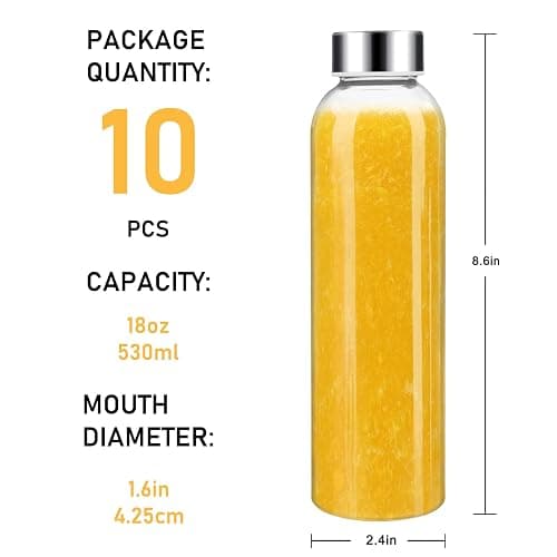 Sursip [10 Pack] 18 oz Glass Water Bottles with Lids, Juice Bottles, Clear glass juice bottle for juicing, Eco-Friendly Reusable Glass Juicing Bottles with Stainless Steel Lid, BPA Free,Leak-Proof thumbnail 3