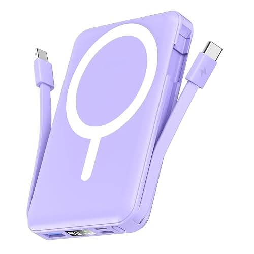 podoru for Magsafe Battery Pack, 10000mAh Magnetic Power Bank Built-in Double USB C Cables 20W PD Fast Charging LED Display Wireless Portable Charger for iPhone 17/16/15/14/13/12 Series-Purple - Image 1