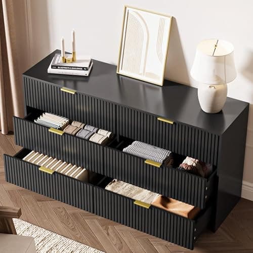 MAISONARIA Black 6 Drawer Dresser for Bedroom, 55" Wide Modern Chest of Drawers with Gold Metal Handles, Fluted Wood TV Stand for Living Room, Hallway thumbnail 5