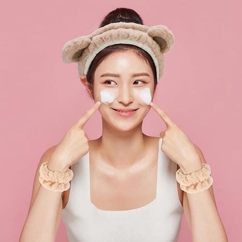 Canitor Face Wash Headband with Wrist Towels - Soft Coral Fleece Spa Makeup Headband, Cute Animal Elastic Skincare Design with Bear Ears thumbnail 5