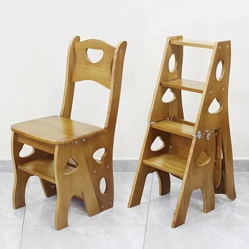 Wooden Folding Library Ladder Chair, 4-Storey Portable Multi-Function Step Stool, Indoor and Outdoor Display Rack Flower Rack (Walnut) - Image 1