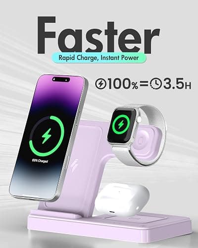 Wireless Charger Stand Charging Station: 3 in 1 Charger Multiple Devices for Apple iPhone 17 16e 16 15 14 Pro Max 13 12 11 for Watch 11 10 9 8 7 6 5 4 3 2 SE and Ultra & Airpods Series, Light Violet thumbnail 5