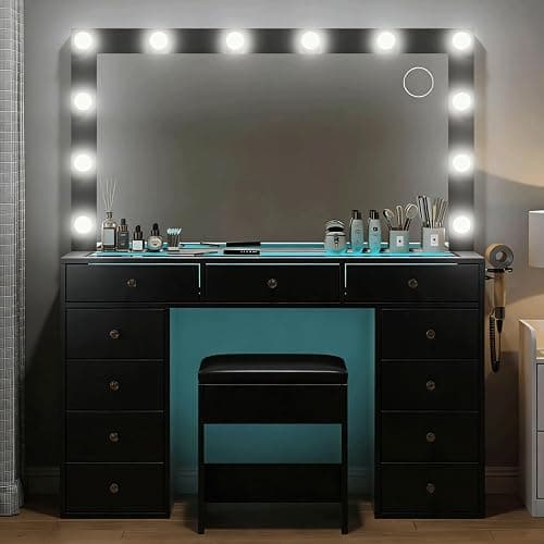 Makeup Vanity Desk with RGB Lights and Large 47.2’’ Mirror, 11 Drawers Makeup Vanity with Lighted Mirror, 3 Color Option, Brightness Adjustable, Make Up Vanity with Charging Station Woman, Black thumbnail 4