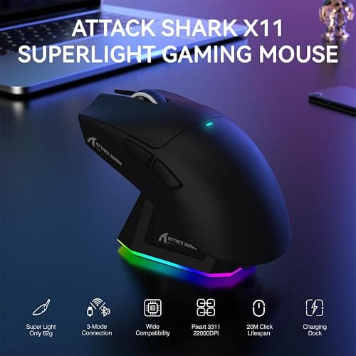 ATTACK SHARK X11 Lightweight Wireless Gaming Mouse with RGB Charging Dock,Tri-Mode-2.4G/USB-C Wired/BT,22K DPI,PAW3311 Optical Sensor,HUYU Switch, 5 programmable Buttons for PC/Mac(Black) thumbnail 2