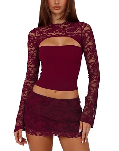 FWBBG Womens Sexy 2 Piece Mini Skirt Set Long Sleeve Lace Cutout Top Double Lace Mini Bodycon Skirt Y2K Going Out Outfits - Image 1