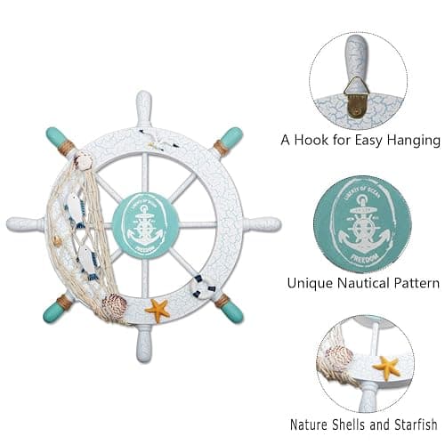Meching 2 Pack 11" Nautical Beach Wooden Ship Wheel and 13" Wood Anchor with Rope Nautical Boat Steering Wheel Rudder Anchor Wall Decor Door Hanging Ornament Beach Theme Home Decoration(White&Green) thumbnail 4