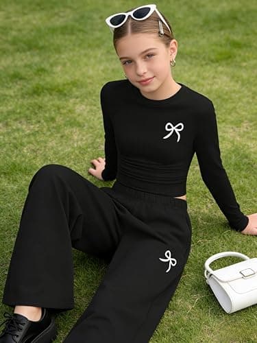Afsmlys Tween Girls Clothes Long Sleeve Bow Knot Print Top + Wide Leg Pants 2 Piece Outfit Set, Size 7-16 Years thumbnail 4