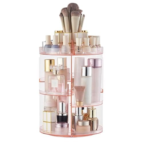 SUNFICON Rotating Makeup Holder Organizer Crystal Pink 360 Rotation Cosmetic Storage Stand Acrylic Makeup Turntable Spin Display Stand Bathroom Vanity Dressing Table Gift Girl Ladt Women - Image 1