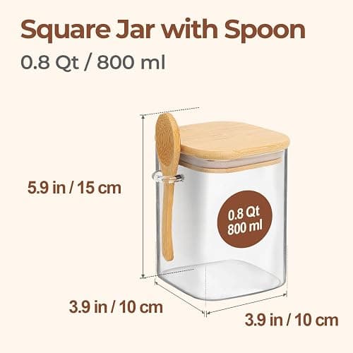 ComSaf 0.8 Qt Glass Jars with Bamboo Lids & Spoons Set of 4, Square Glass Containers with Lids, Sugar Coffee Containers Salt Spice Jars, Pantry Storage Container for Loose Tea, Candy, Brown Sugar, Nut thumbnail 3
