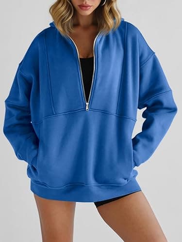 Women's Half Zip Sweatshirts Fleece Stand Collar Long Sleeve Thumb Hole Oversized Pullovers with Pockets thumbnail 2