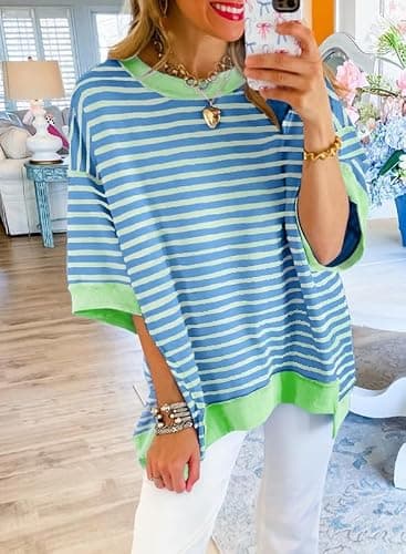 SHEWIN Womens Tops Casual Short Sleeve Sweatshirt Crewneck Striped Shirt Pullover T Shirts Loose Blouses thumbnail 3