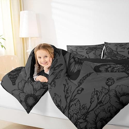 Feelyou Death Moth Comforter Set Full Size Kids Skull Decor Duvet Quilt for Boys Girls Teens Gothic Goth Skull Halloween Boho Moth Floral Black Grey Bedding Set Soft Lightweight Room Decor 3Pcs thumbnail 5