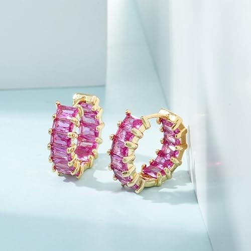 Mesovor Gold Cubic Zirconia Hoop Earrings for Women Trendy, 18K Gold Plated Huggie Hoops Earrings | Green Black Red Stones Earrings Jewelry Gifts thumbnail 6