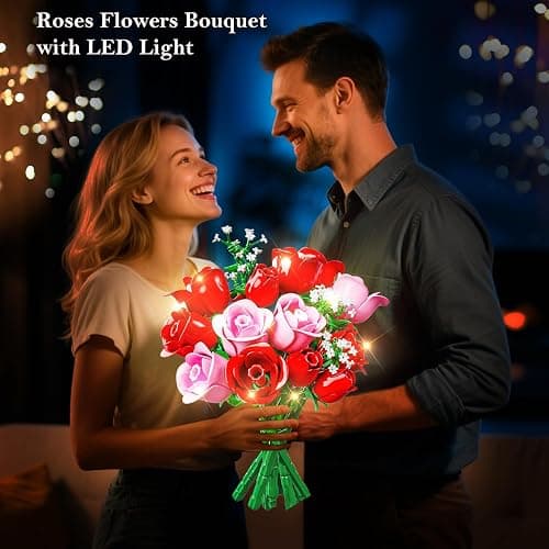 HOGOKIDS Flowers Bouquet Building Set with Lights - 16 Roses Bouquet Botanical Building Blocks Artificial Pink Roses Flower for Home Decor Christmas Birthday Gifts for Girls Adults - 387PCS (Pink) thumbnail 2