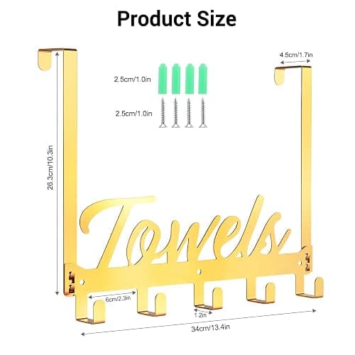 Azmoncy Over The Door Hooks, Towel Rack Towel Hooks for Bathroom, Towel Holder for Hanging Heavy Duty, Door Rack Over Door Hanger with 5 Coat Hooks for Bedroom Bathroom Kitchen（Light Gold） thumbnail 2