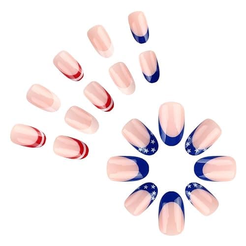 4th Of July French Tip Press On Nails Short Almond Fake Nails Independence Day False Nails Press Ons With Star Design Nude Stick On Nails Full Cover Glue On Nail For Women Nail Supplies 24pcs thumbnail 3