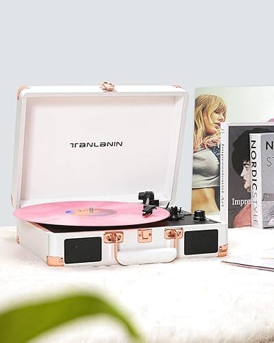 Vinyl Record Player Bluetooth Vintage 3-Speed Portable Suitcase Turntables with Built-in Speakers, Belt-Driven LP Player Support USB Recording AUX-in RCA Line Out Headphone Jack, White thumbnail 8