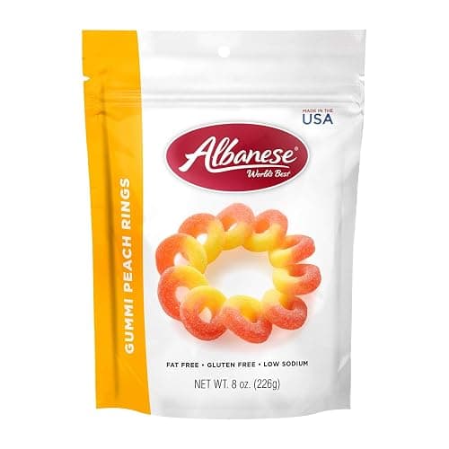 Albanese World's Best Gummi Peach Rings | 8oz of Candy | Gluten Free, Fat Free, Soft and Chewy Gummy | Perfect as a Drink Garnish for Parties, Including in a Dessert Bar, and Crafts with Kids - Image 1