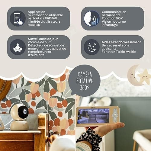 BÉABA, Babyphone, Ecoute Bébé Vidéo 2 en 1, Ecran/Application mobile dédiée, Caméra HD, Rotation à 360°, Vision Nocturne, Talkie Walkie, Berceuses, Contrôle température et humidité, Zen Premium Argile thumbnail 6