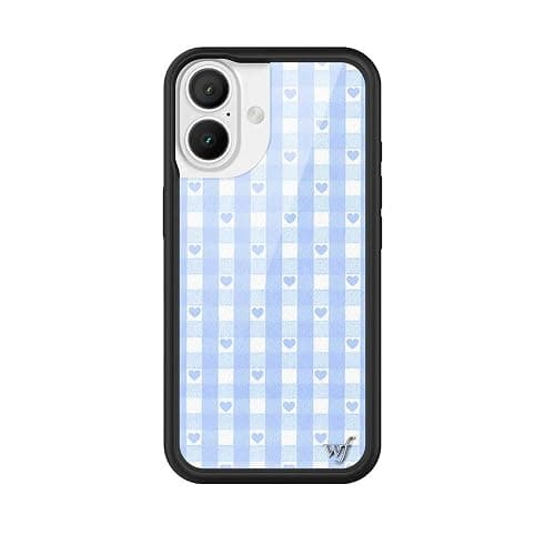 Wildflower Cases - Compatible with iPhone 16 | Protective Black Bumper, 6.5ft Drop Test Certified, Women Owned Small Business | Plaid, Checkered, Unique, Cute, Trendy | Blue Gingham Hearts - Image 1