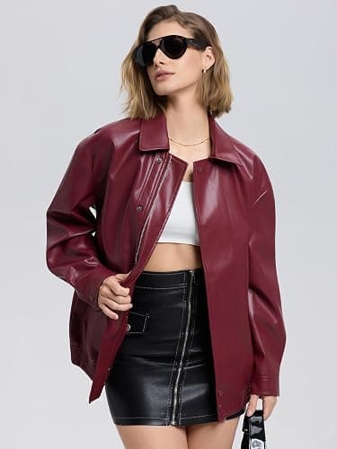 Moreone Womens Oversized Leather Jackets Faux Motorcycle Biker Bomber Zip Up Coats Fall Outfits Fashion Clothes 2025 thumbnail 4