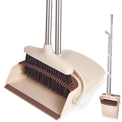 XXFLOWER Broom and Dustpan Set with Long Handle, Light Weight Stainless Steel Poles Stand Upright Dustpans with Broom Combo for Home Kitchen Office Pet Dog Hair, Brown & Beige Color, 1-Pack - Beige