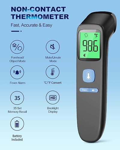 ANMEATE No-Touch Forehead Thermometer for Adults, Infrared Digital Thermometer for Kids, Touchless Baby Thermometer, Accurate Reading with Large Display, Mute Mode, Memory Recall, Fever Alarm - Black thumbnail 2
