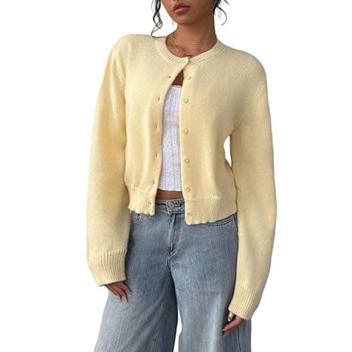 AYziemezm Women’s Cropped Cardigan Sweater Button Down Open Front Long Sleeve Crewneck Sweaters Knit Sweater Warm Clothes - Image 1