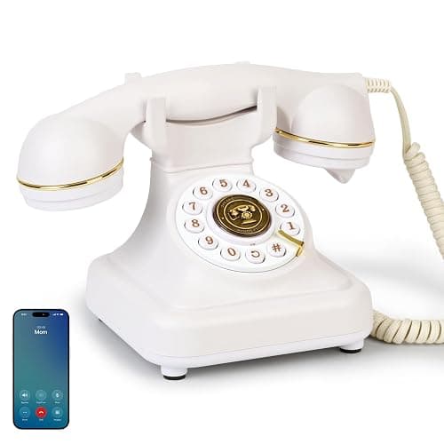Bluetooth Retro Landline Phone for Cell Phone, Rotary Home Phones, White | Vintage Old Fashioned Telephone with Speakerphone & Volume Control, Wireless Rechargeable Telephone for Bedroom, Home Office - Image 1