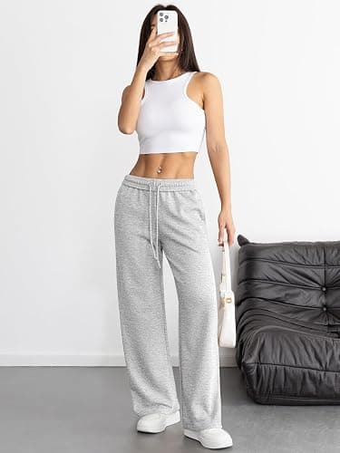 ATHMILE Women's Wide Leg Sweatpants High Waisted Baggy Interior Drawstring Joggers Straight Leg Sweat Pants with Pockets thumbnail 4