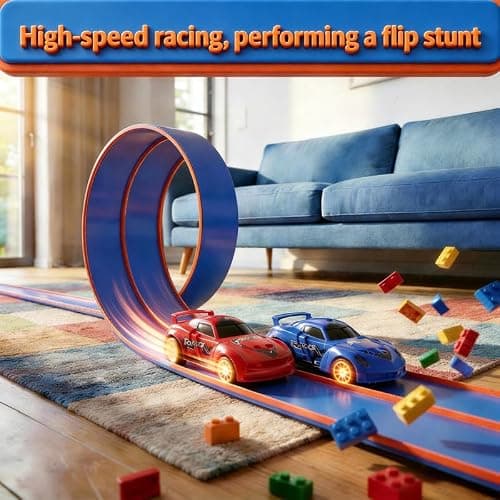 Flexible Tracks 15 Ft Flex Race Car Track for Kids Toy-DIY Car Track Set with 1/64th Rebound Cars Portable Rolls Up Race Tracks with Strong Suction Cups-Great Gifts Toys for Boys Girls Ages 3+ thumbnail 4
