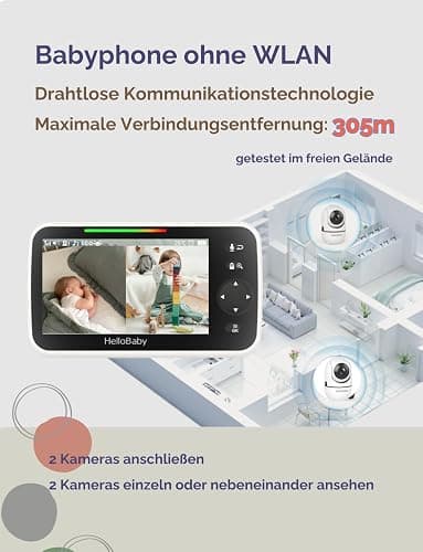 HelloBaby Babyphone mit Kamera, 3500 mAh Akku mit 5 Zoll Bildschirm, 355° Schwenken-120° Neige-Zoomen, Babyfone ohne WLAN, 2 Wege Audio, Temperatur, 8 Schlaflieder, Nachtsicht, HB6550 thumbnail 6