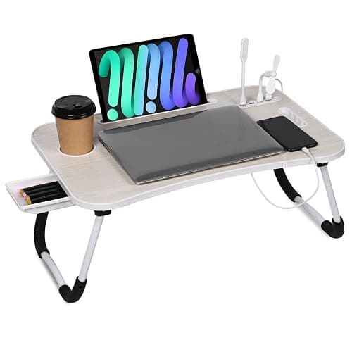 23.6 inch Portable Bed Desk, Folding Lap Desk with 4 USB Ports, Wind Fan, LED Light, Cup Holder and Side Drawer for Working, Reading, Writing, Eating on Bed, Sofa, Floor (White) - Image 1